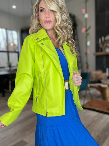 Lime Green Faux Leather Bomber Jacket