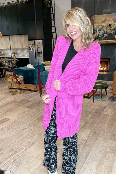 Pink Oversized Waffle Cardigan