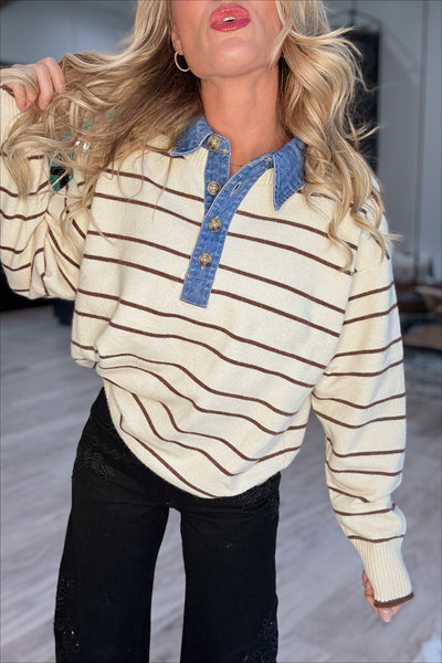 Denim Collar Striped Long Sleeve Sweater