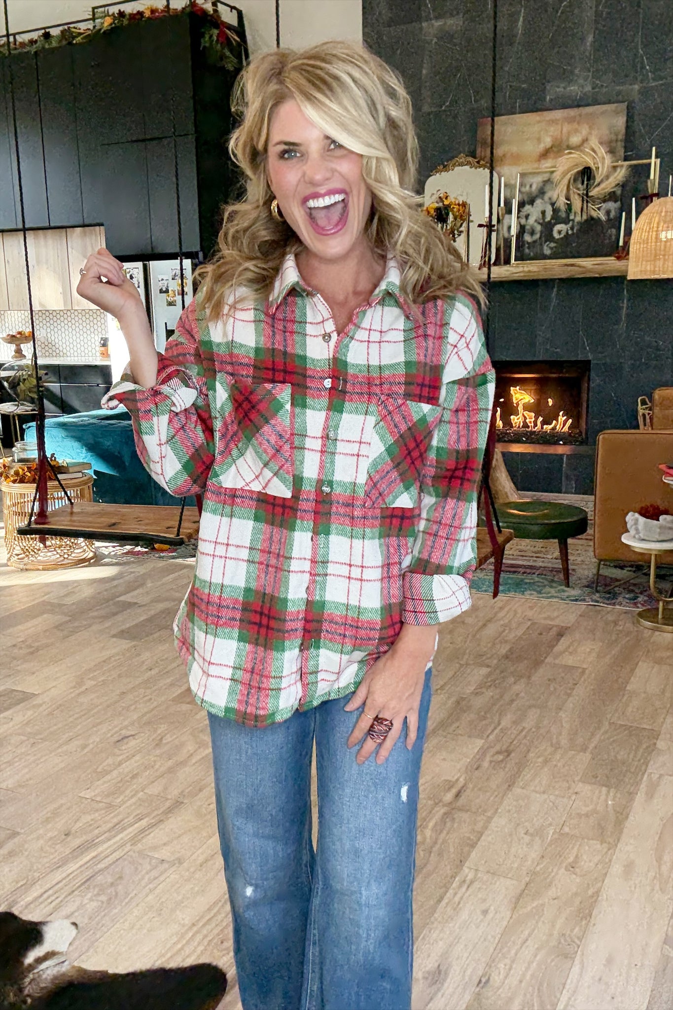 Christmas Plaid Button Shacket