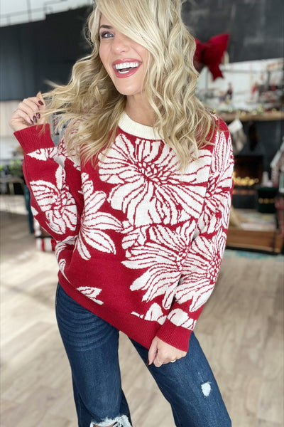 Red & Ivory Flower Knit Sweater