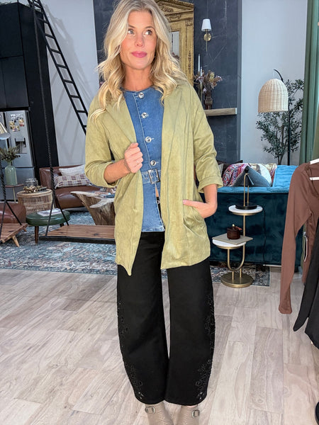 Sage Suede Open Front Blazer Jacket