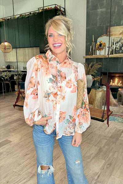 Peach Floral Puff Sleeve Blouse
