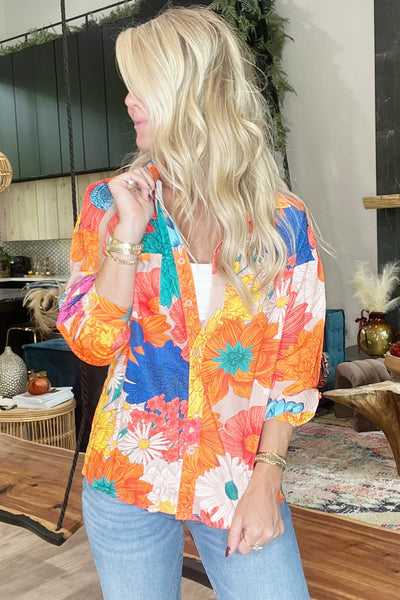 Bold Floral Print Button Up Blouse (Top Only)