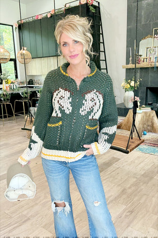 Knit Horse Zip Up Sweater