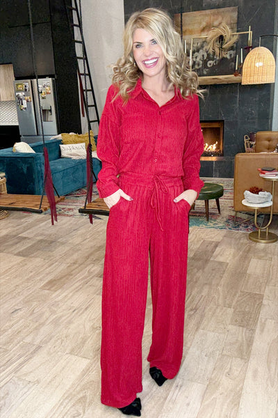 Red Crinkle Wide Leg Set (Pants Only)