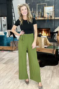 Dusty Olive Pleated Paper Bag Wide Leg Pants