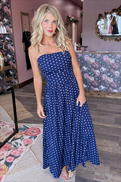 Navy Strapless Polka Dot Dress