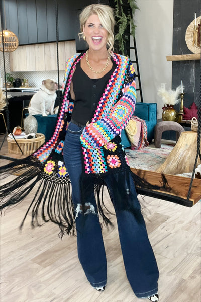 (Pre-Order)Colorful Crochet Fringe Cardigan