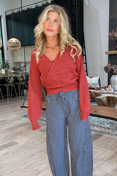 Dark Red Brushed Wrap Front Sweater Top
