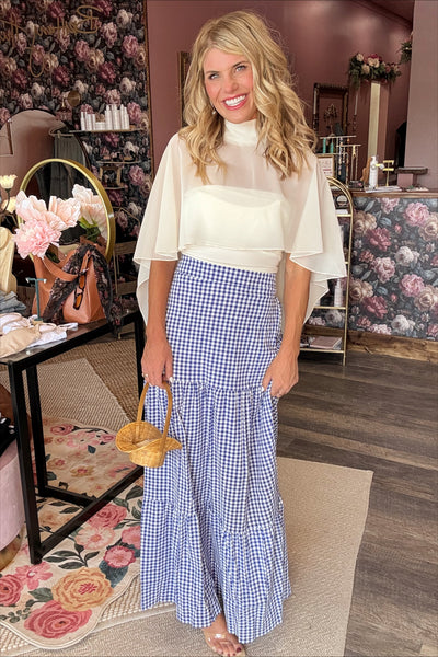 Blue Gingham Tiered Maxi Skirt