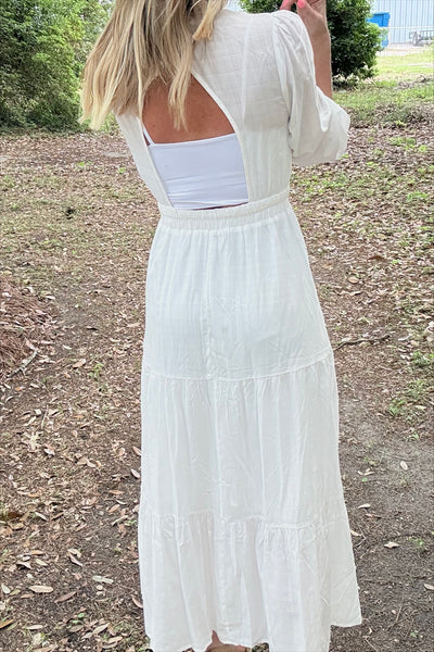 White Ruffle Open Back Maxi Dress