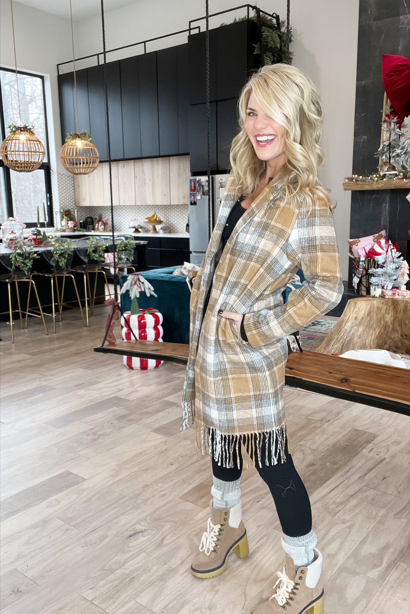 Camel Plaid Fringe Open Front Jacket