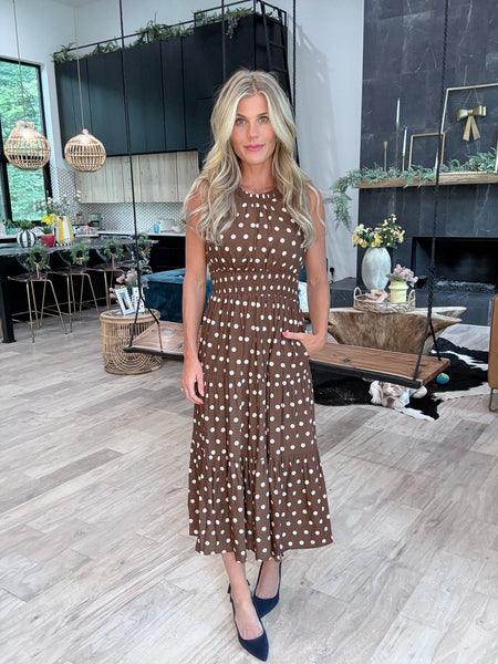 Brown & White Polka Dot Midi Dress