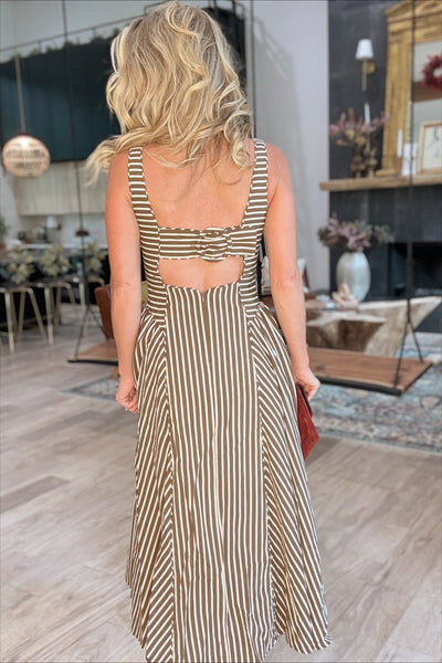 Brown & Cream Striped Buckle Back Midi Dress