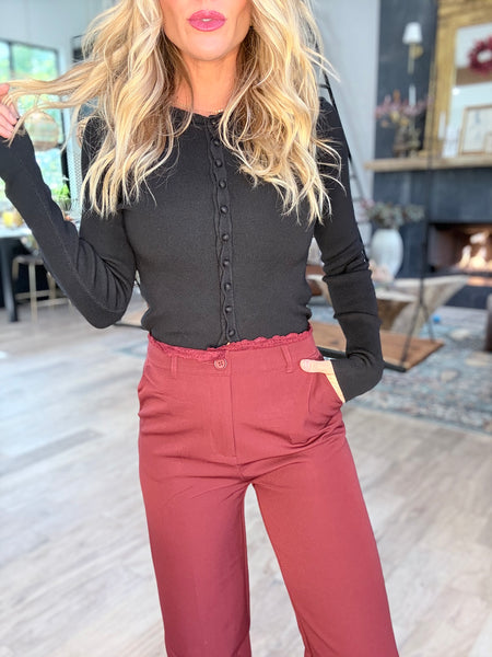 Burgundy Straight Leg Lace Trim Pants