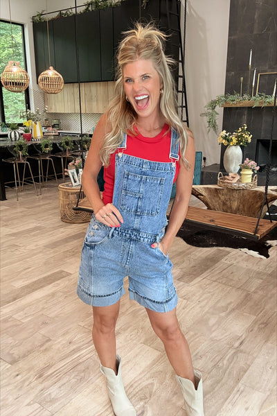 Medium Wash Denim Bermuda Shorts Overalls