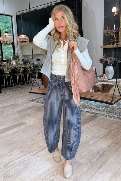 Pinstripe Dark Wash Denim Drawstring Pants