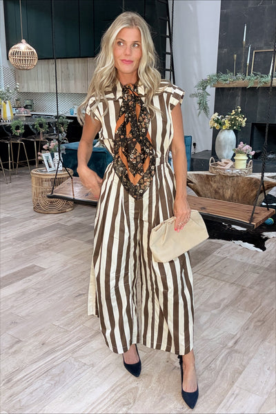 Brown & Cream Striped Wide Leg Jumpsuit
