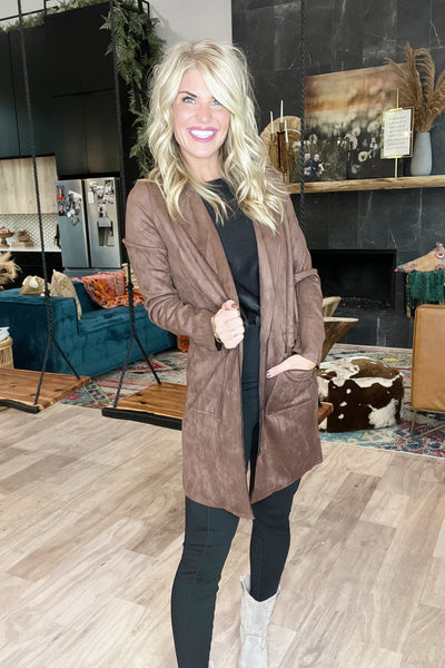 Chocolate Brown Faux Suede Long Jacket