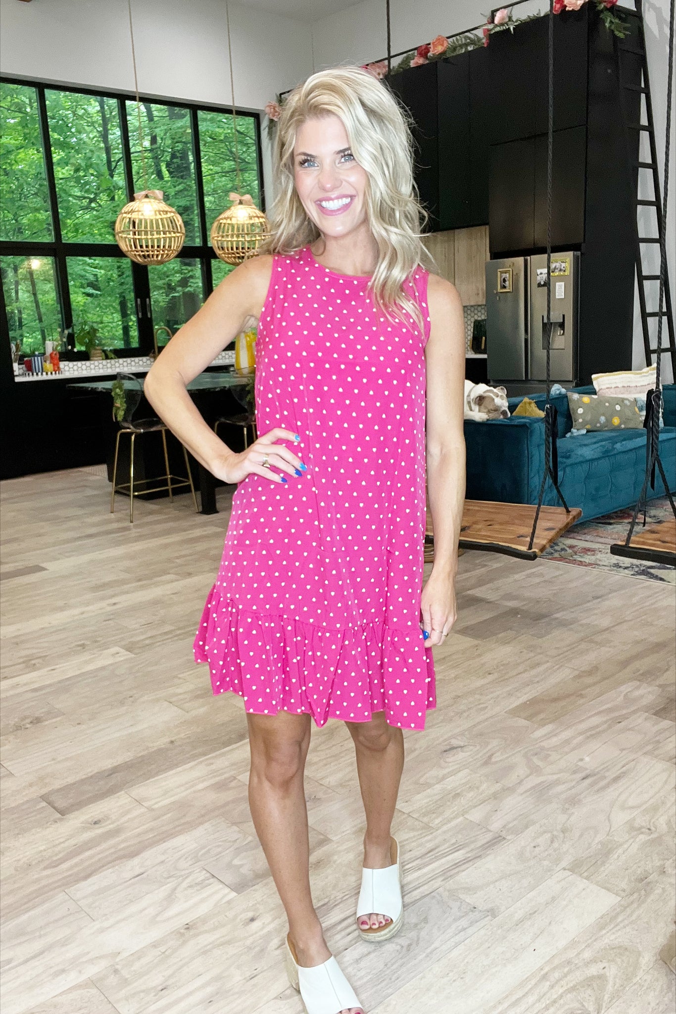 Pink Heart Ruffle Hem Mini Dress