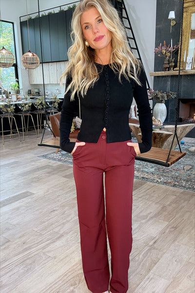 Black Ribbed Knit Button Front Scalloped Detail