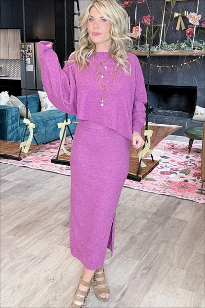 Deep Magenta Asymmetrical Ribbed Knit Top Set (Top Only)