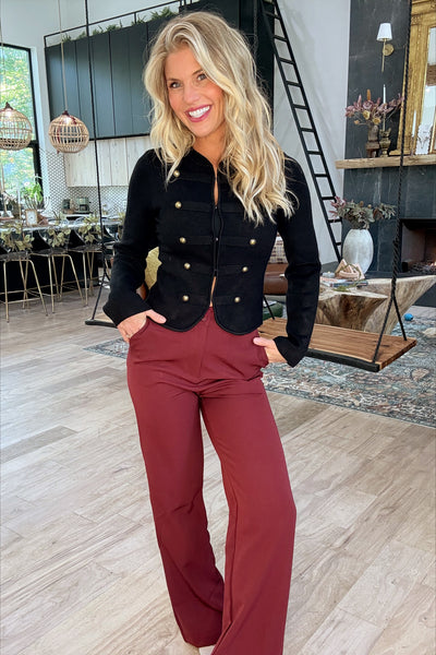 Burgundy Straight Leg Lace Trim Pants