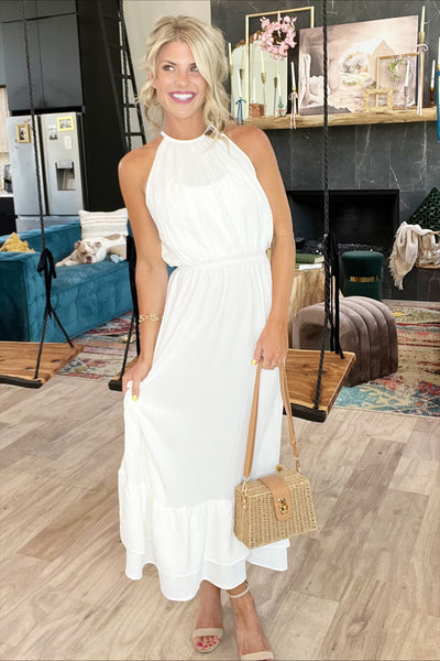 White Halter Tiered Maxi Dress