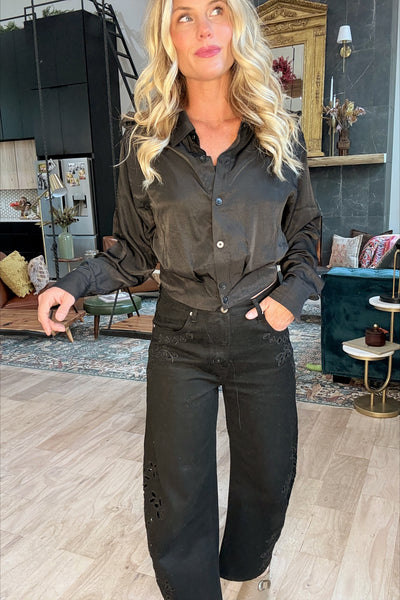 Black Button Front Structured Blouse