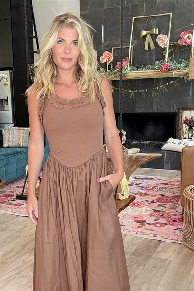 Brown Ruffle Strap Midi Dress