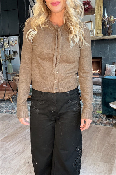 Brown Ribbed Knit Tie Sweater