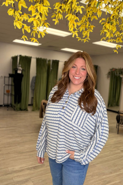 Blue Striped Quarter Button Top