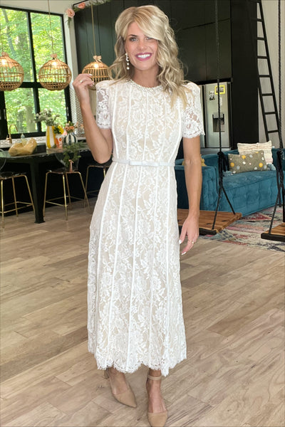 White Lace Embellished Midi Dress