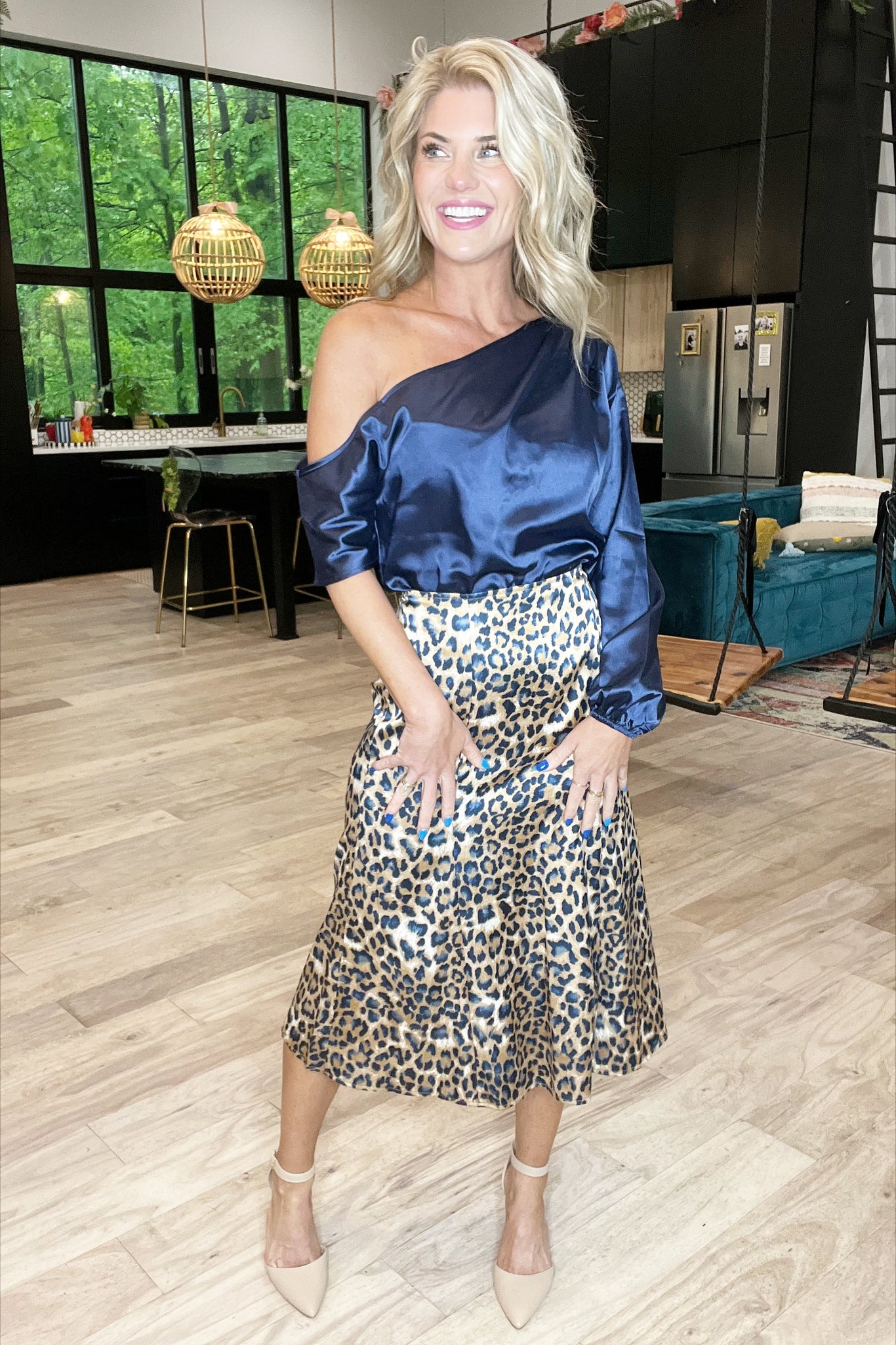 Navy Satin Asymmetrical Blouse
