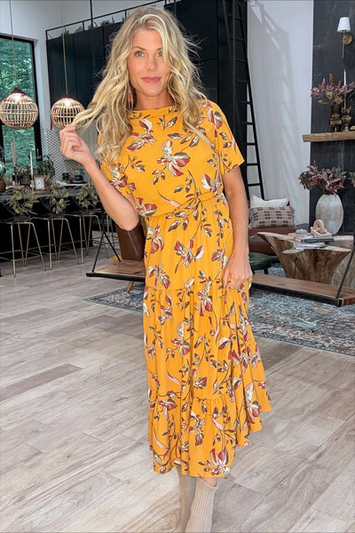 Mustard Floral Tiered Dress