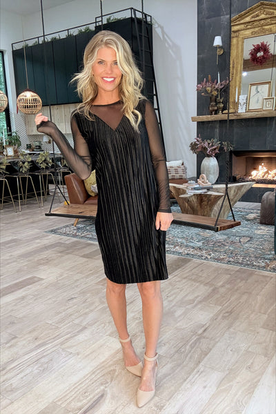 Vintage Black Velvet Pleated Dress With Sheer Sleeves