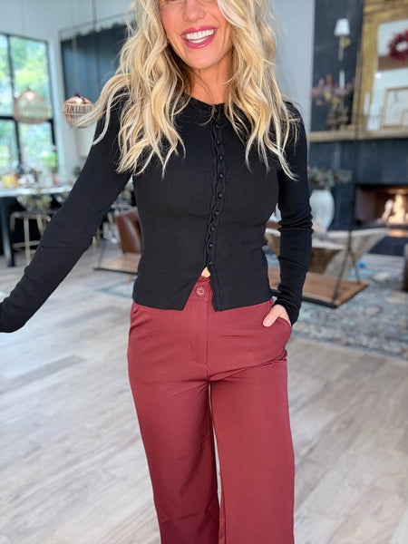 Black Ribbed Knit Button Front Scalloped Detail