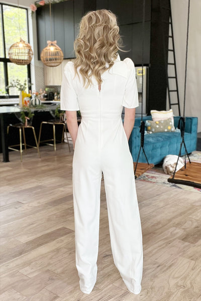 White Tie Neck Pleated Sleeve Jumpsuit