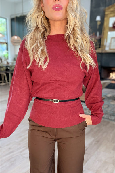 Burgundy Boatneck Belted Sweater