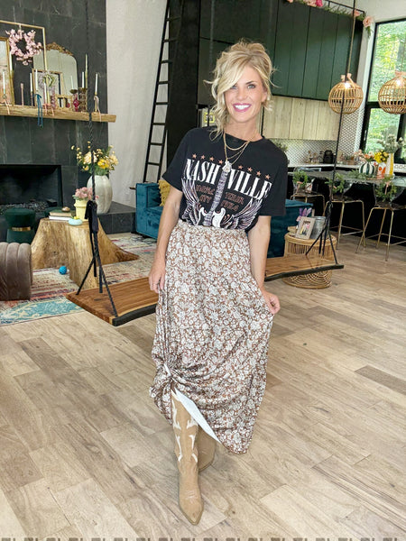 Camel Floral Ruffle Hem Maxi Skirt (Pre-Order Coming Soon)