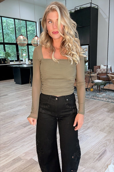 Olive Sheer Sleeve Square Neck Top