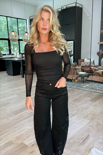 Black Sheer Sleeve Square Neck Top