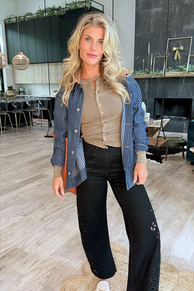 Dark Wash Pin Striped Denim Jacket With Corduroy Collar