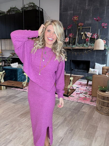 Deep Magenta Asymmetrical Ribbed Knit Top Set (Top Only)