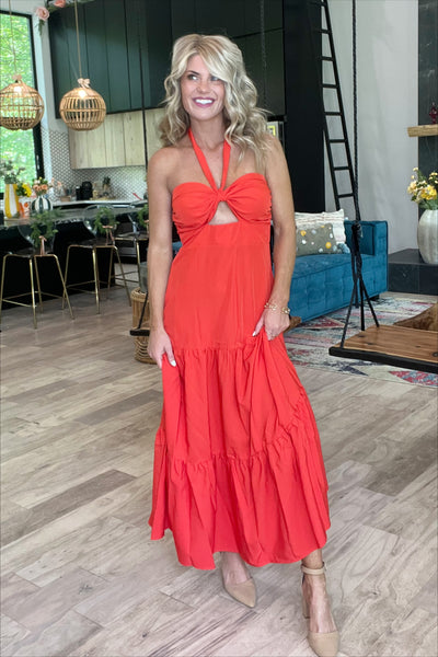 Tomato Red Tie Tiered Maxi Dress