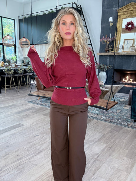 Burgundy Boatneck Belted Sweater