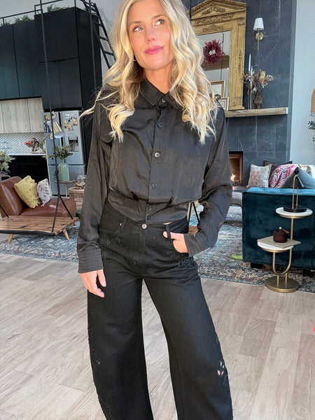 Black Button Front Structured Blouse