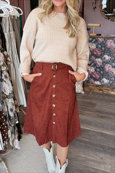 Rust Corduroy Button Front Skirt