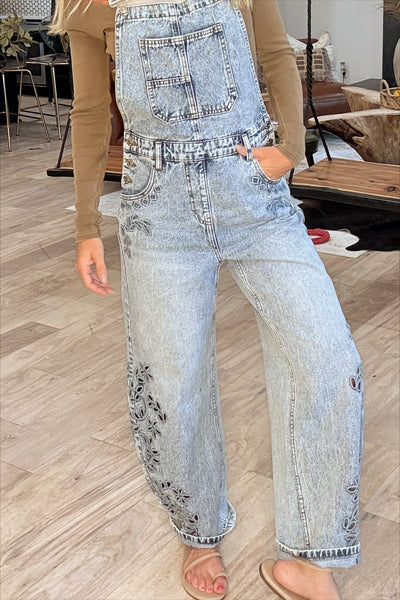 Denim Embroidered Wide Barrel Leg Overalls